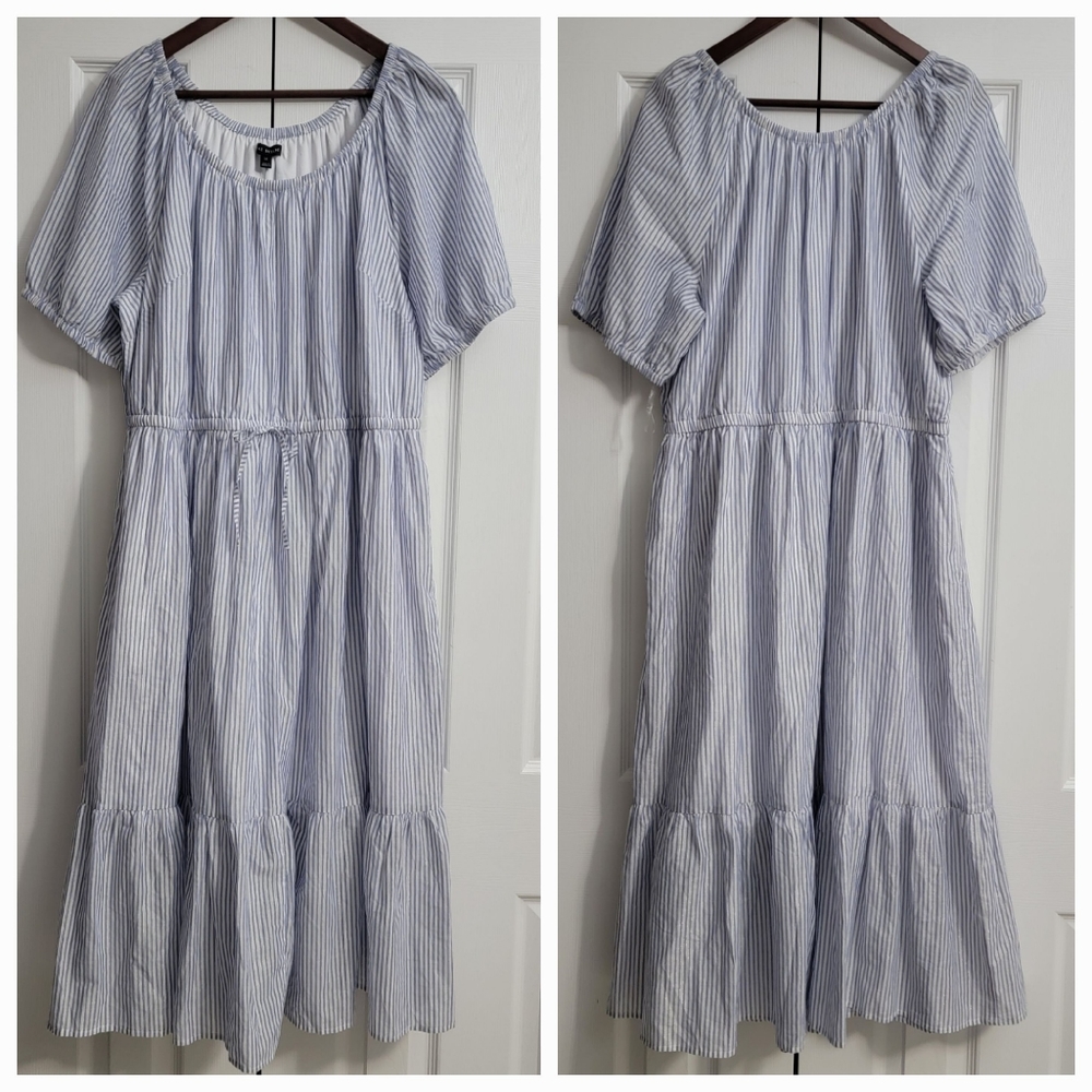 Lane Bryant Blue and White Striped Layered Midi Peasant Dress, Size 18, NWT